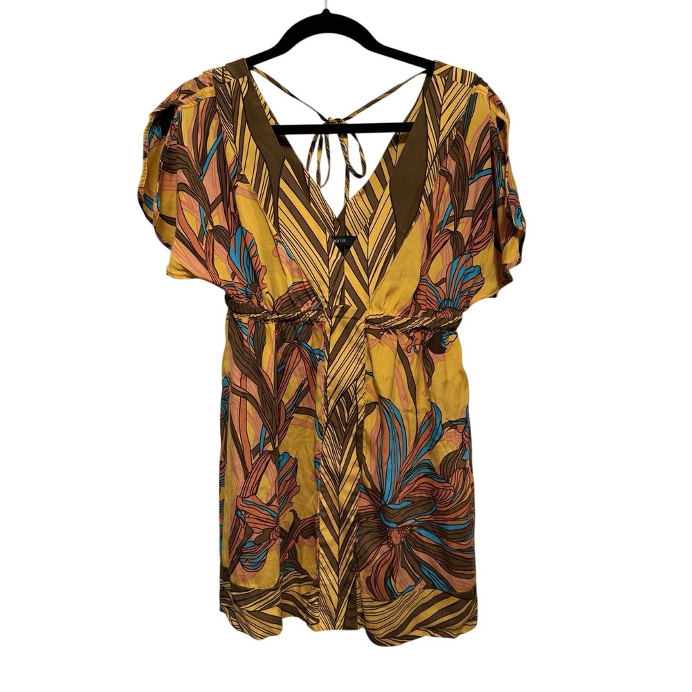 Arden B Mini Dress Womens S Silk Chiffon Yellow Floral V-Neck Beach Cover‎ Up